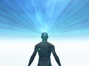 Man covered in text with light radiating from mind